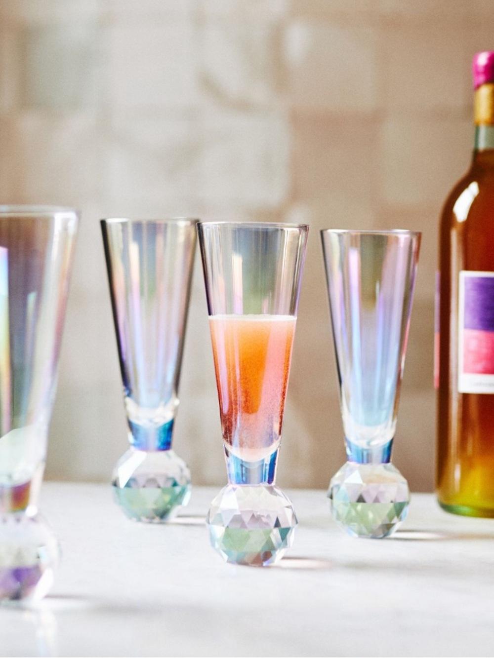 Anthropologie Gemma Luster faceted cut glass flutes set of 4‎ iridescent pearl